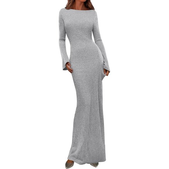 Dresses & Skirts - Women's Grey Long Sleeve Ribbed Knit Boat Neck Bodycon Casual Maxi Dress